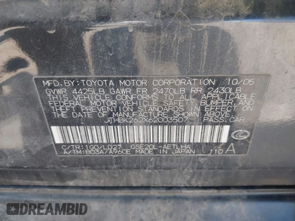 2006 Lexus IS 250 z VIN JTHBK262X62003507, wystawiony jako IAAI lot #42001330 z przebiegiem 168 617 mil mil oraz . Historia ofert i sprzedaży dostępna na DreamBid. Obrazek 9.
