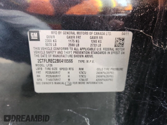 2011 GMC Terrain SLE-1 с VIN 2CTFLREC2B6418566, выставлен на аукционе Copart как лот 60855495 с пробегом 160 291 миль миль и Списание • Salvage title. История ставок и продаж доступна на DreamBid. Изображение 12.
