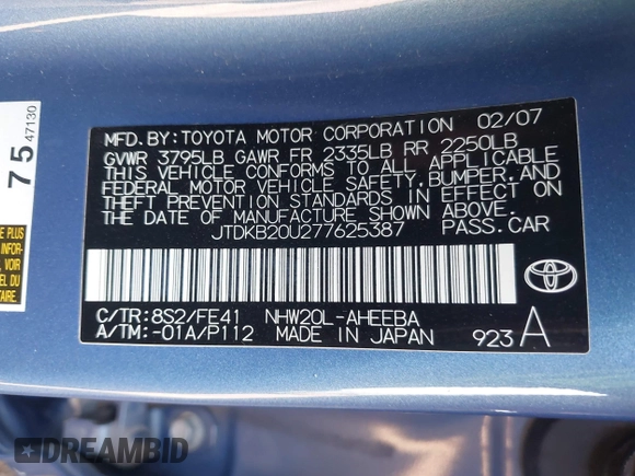 2007 Toyota Prius with VIN JTDKB20U277625387, listed as a IAAI auction lot 42608849 with 209,353 mi miles and . Bid and sale history available at DreamBid. Image 9.