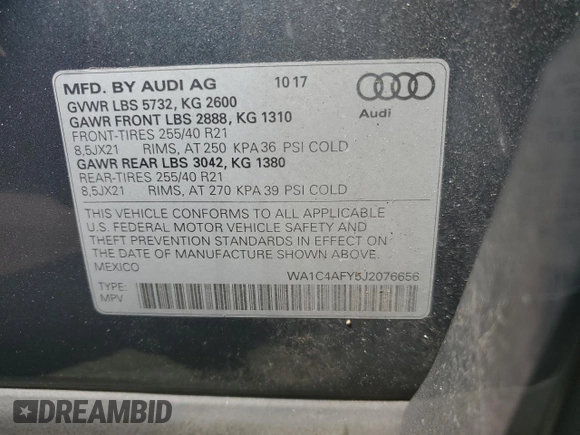 2018 Audi SQ5 Prestige with VIN WA1C4AFY5J2076656, listed as a Copart auction lot 59517204 with 88,109 mi miles and Salvage Title. Bid and sale history available at DreamBid. Image 15.