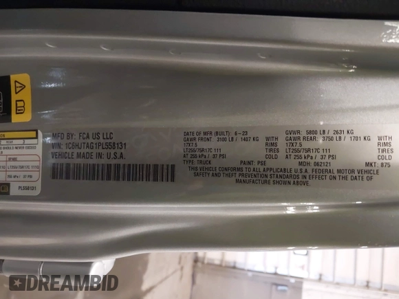 2023 Jeep Gladiator Sport S с VIN 1C6HJTAG1PL558131, выставлен на аукционе IAAI как лот 41252271 с пробегом 42 582 миль миль и . История ставок и продаж доступна на DreamBid. Изображение 9.