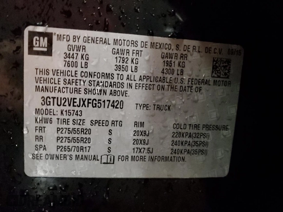 2015 GMC Sierra 1500 SLT with VIN 3GTU2VEJXFG517420, listed as a Copart auction lot 42144385 with 122,446 mi miles and Clean Title. Bid and sale history available at DreamBid. Image 12.