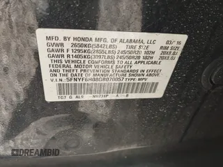 2016 Honda Pilot Elite with VIN 5FNYF6H08GB070057, listed as a IAAI auction lot 42103166 with Not Provided miles. Bid and sale history available at carsss.com. Image 9.