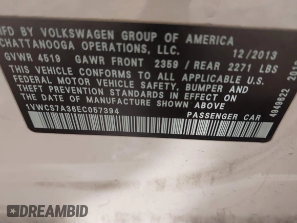 2014 Volkswagen Passat SEL Premium with VIN 1VWCS7A36EC057394, listed as a IAAI auction lot 41254293 with 134,715 mi miles. Bid and sale history available at carsss.com. Image 9.