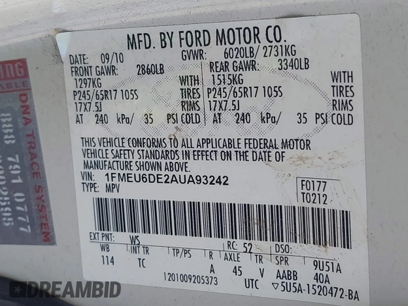 2010 Ford Explorer XLT with VIN 1FMEU6DE2AUA93242, listed as a IAAI auction lot 41343517 with 52,139 mi miles and . Bid and sale history available at DreamBid. Image 9.