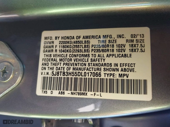 2013 Acura RDX Tech Pkg with VIN 5J8TB3H55DL017066, listed as a IAAI auction lot 41639535 with 170,523 mi miles. Bid and sale history available at carsss.com. Image 9.