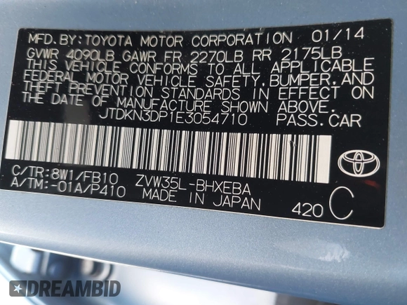 2014 Toyota Prius with VIN JTDKN3DP1E3054710, listed as a IAAI auction lot 41421809 with 113,607 mi miles and . Bid and sale history available at DreamBid. Image 9.