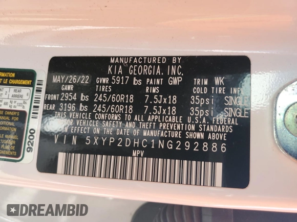 2022 Kia Telluride LX with VIN 5XYP2DHC1NG292886, listed as a Copart auction lot 50058115 with 51,235 mi miles and Salvage title. Bid and sale history available at DreamBid. Image 14.