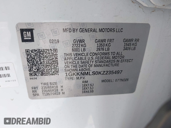 2019 GMC Acadia SLT z VIN 1GKKNMLS0KZ235497, wystawiony jako IAAI lot #41803755 z przebiegiem 80 740 mil mil oraz . Historia ofert i sprzedaży dostępna na DreamBid. Obrazek 9.