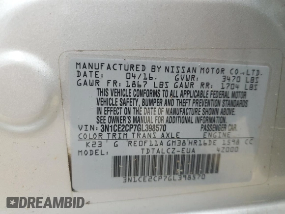 2016 Nissan Note SR with VIN 3N1CE2CP7GL398570, listed as a Copart auction lot 60810435 with 120,674 mi miles and Salvage title. Bid and sale history available at DreamBid. Image 12.