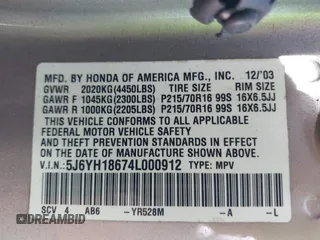 2004 Honda Element EX with VIN 5J6YH18674L000912, listed as a IAAI auction lot 42078059 with 239,700 mi miles and . Bid and sale history available at DreamBid. Image 9.