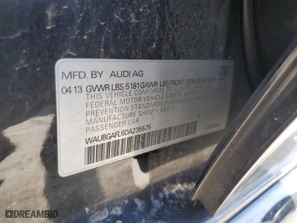 2013 Audi S4 Premium Plus with VIN WAUBGAFL6DA235575, listed as a Copart auction lot 50396795 with 103,300 mi miles and Salvage Title. Bid and sale history available at carsss.com. Image 13.