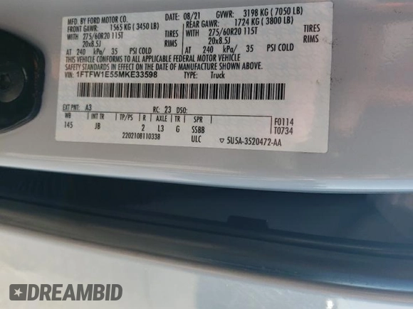 2021 Ford F-150 XL с VIN 1FTFW1E55MKE33598, выставлен на аукционе Copart как лот 56326985 с пробегом 88 830 миль миль и Списание • Salvage title. История ставок и продаж доступна на DreamBid. Изображение 13.