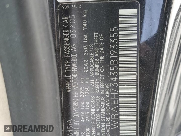 2005 BMW 6 Series 645Ci with VIN WBAEH73435B193355, listed as a Copart auction lot 76235744 with 150,474 mi miles and Salvage Title. Bid and sale history available at DreamBid. Image 12.