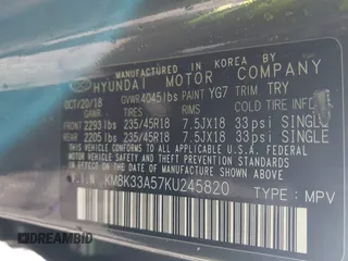 2019 Hyundai Kona Limited with VIN KM8K33A57KU245820, listed as a IAAI auction lot 41875199 with 73,539 mi miles and . Bid and sale history available at carsss.com. Image 9.