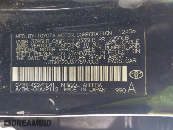 2007 Toyota Prius with VIN JTDKB20U377597003, listed as a IAAI auction lot 42368660 with 276,243 mi miles and . Bid and sale history available at DreamBid. Image 9.