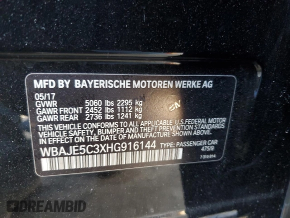 2017 BMW 5 Series 540i with VIN WBAJE5C3XHG916144, listed as a Copart auction lot 47305575 with 72,483 mi miles and Salvage Title. Bid and sale history available at carsss.com. Image 12.