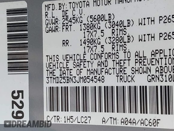 2018 Toyota Tacoma SR5 with VIN 3TMDZ5BN3JM054548, listed as a IAAI auction lot 42038480 with 122,242 mi miles and . Bid and sale history available at DreamBid. Image 9.