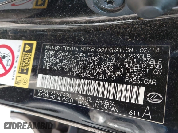 2014 Lexus CT 200h with VIN JTHKD5BH8E2181310, listed as a IAAI auction lot 41570032 with 178,382 mi miles and . Bid and sale history available at DreamBid. Image 9.