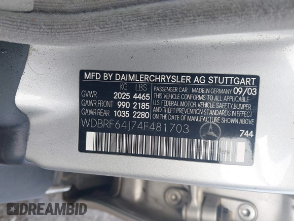 2004 Mercedes-Benz C 320 with VIN WDBRF64J74F481703, listed as a IAAI auction lot 41198886 with 221,437 mi miles and . Bid and sale history available at DreamBid. Image 9.