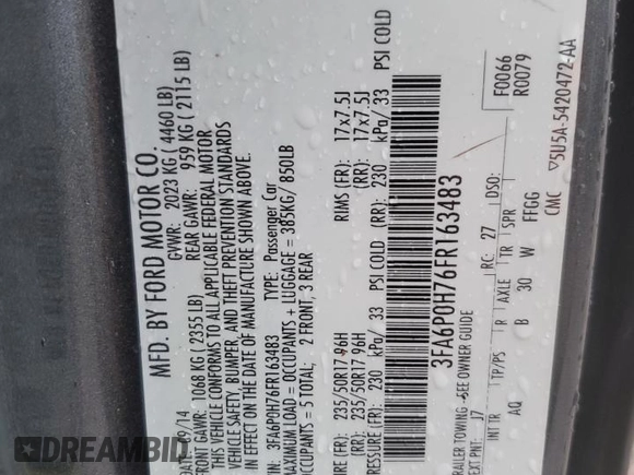 2015 Ford Fusion SE с VIN 3FA6P0H76FR163483, выставлен на аукционе Copart как лот 63297585 с пробегом 169 088 миль миль и Списание • Salvage title. История ставок и продаж доступна на DreamBid. Изображение 13.