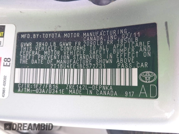 2011 Toyota Corolla L with VIN 2T1BU4EE1BC572731, listed as a IAAI auction lot 42024851 with 153,923 mi miles. Bid and sale history available at carsss.com. Image 9.