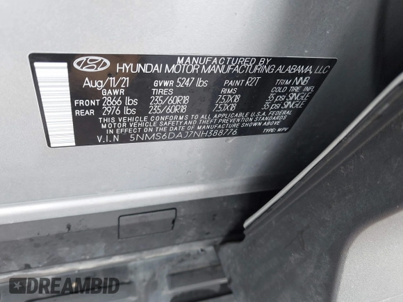 2022 Hyundai Santa Fe XRT with VIN 5NMS6DAJ7NH388776, listed as a IAAI auction lot 41614829 with 50,529 mi miles. Bid and sale history available at carsss.com. Image 9.