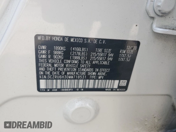 2021 Honda HR-V LX with VIN 3CZRU6H30MM718531, listed as a Copart auction lot 57288955 with 21,556 mi miles and Salvage title. Bid and sale history available at DreamBid. Image 14.