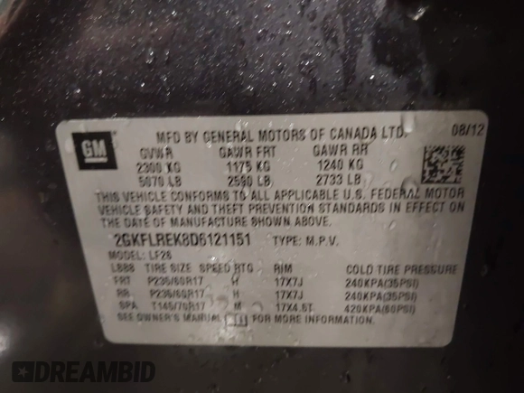 2013 GMC Terrain SLE with VIN 2GKFLREK8D6121151, listed as a IAAI auction lot 42293773 with 178,380 mi miles and . Bid and sale history available at DreamBid. Image 9.