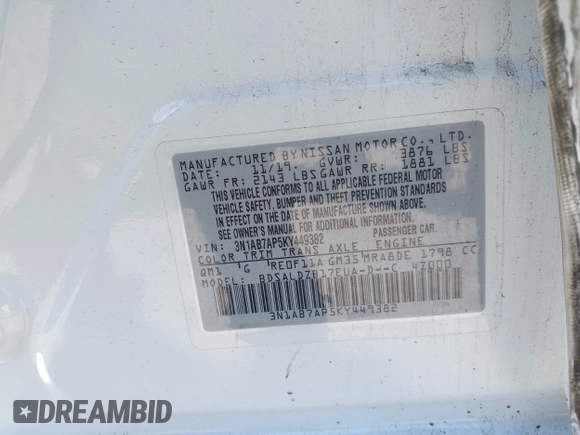 2019 Nissan Sentra SV with VIN 3N1AB7AP5KY449382, listed as a IAAI auction lot 41798021 with 76,302 mi miles and . Bid and sale history available at DreamBid. Image 9.