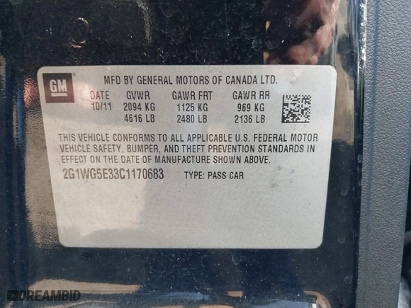 2012 Chevrolet Impala LT Fleet with VIN 2G1WG5E33C1170683, listed as a IAAI auction lot 39317143 with 235,362 mi miles. Bid and sale history available at carsss.com. Image 9.