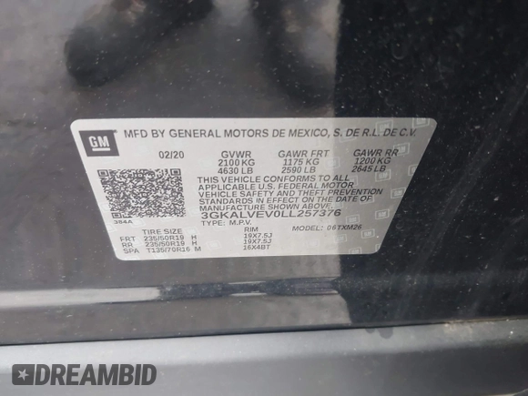 2020 GMC Terrain SLT with VIN 3GKALVEV0LL257376, listed as a IAAI auction lot 42363931 with 96,089 mi miles and . Bid and sale history available at DreamBid. Image 9.