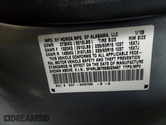 2008 Honda Odyssey EX-L z VIN 5FNRL38768B025497, wystawiony jako Copart lot #57636525 z przebiegiem 179 568 mil mil oraz Nie do naprawy • Non repairable. Historia ofert i sprzedaży dostępna na DreamBid. Obrazek 14.