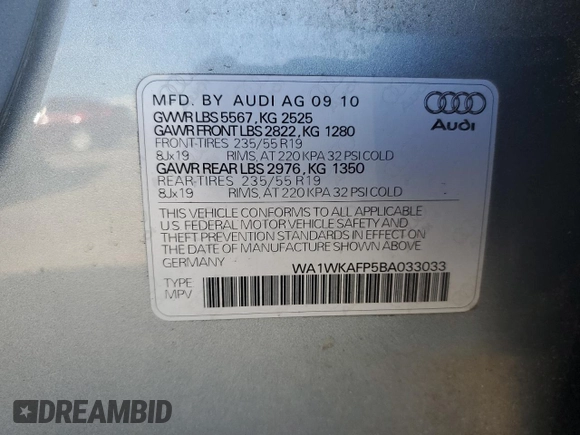 2011 Audi Q5 Prestige с VIN WA1WKAFP5BA033033, выставлен на аукционе Copart как лот 48439575 с пробегом 139 801 миль миль и Чистый • Clean title. История ставок и продаж доступна на DreamBid. Изображение 13.