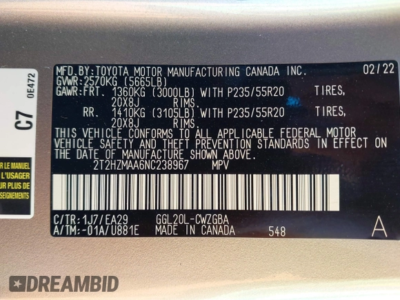 2022 Lexus RX 350 with VIN 2T2HZMAA6NC238967, listed as a IAAI auction lot 42294971 with 62,737 mi miles and . Bid and sale history available at DreamBid. Image 9.