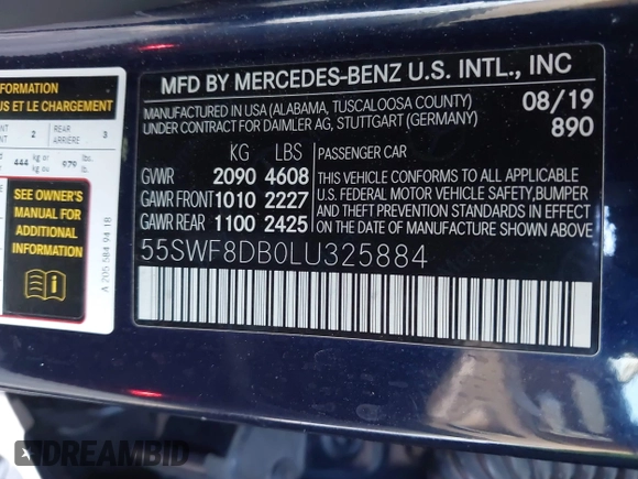 2020 Mercedes-Benz C 300 with VIN 55SWF8DB0LU325884, listed as a IAAI auction lot 41382848 with 69,831 mi miles and . Bid and sale history available at carsss.com. Image 9.