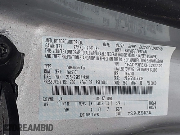 2017 Ford Focus SE with VIN 1FADP3FEXHL283329, listed as a IAAI auction lot 42347751 with 85,337 mi miles and . Bid and sale history available at DreamBid. Image 9.