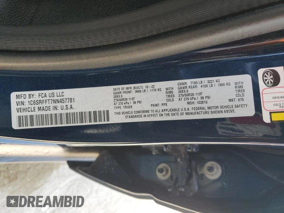 2022 Ram 1500 Big Horn with VIN 1C6SRFFT7NN457781, listed as a Copart auction lot 53821805 with 67,886 mi miles and Salvage Title. Bid and sale history available at carsss.com. Image 12.