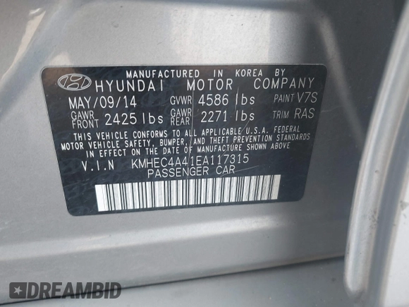 2014 Hyundai Sonata Hybrid Limited with VIN KMHEC4A41EA117315, listed as a IAAI auction lot 41922246 with 173,903 mi miles. Bid and sale history available at carsss.com. Image 9.