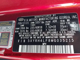 2021 Kia Sorento EX z VIN 5XYRH4LF8MG035215, wystawiony jako IAAI lot #42149481 z przebiegiem 39 408 mil mil oraz . Historia ofert i sprzedaży dostępna na DreamBid. Obrazek 9.