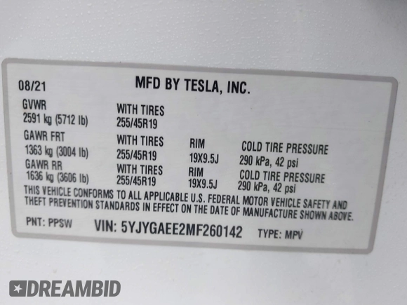 2021 Tesla Model Y Long Range with VIN 5YJYGAEE2MF260142, listed as a IAAI auction lot 41808666 with 87,316 mi miles and . Bid and sale history available at DreamBid. Image 9.