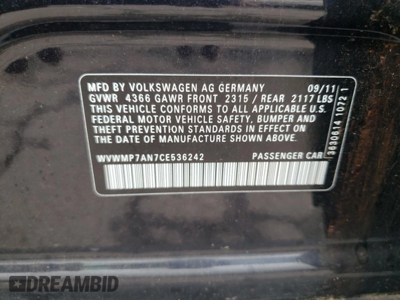 2012 Volkswagen CC Sport с VIN WVWMP7AN7CE536242, выставлен на аукционе Copart как лот 57143035 с пробегом 177 709 миль миль и Списание • Salvage title. История ставок и продаж доступна на DreamBid. Изображение 12.