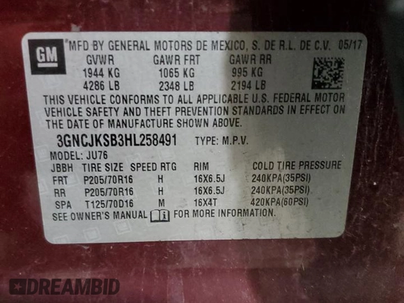 2017 Chevrolet Trax LS with VIN 3GNCJKSB3HL258491, listed as a Copart auction lot 47869575 with 128,613 mi miles and Salvage Title. Bid and sale history available at carsss.com. Image 13.
