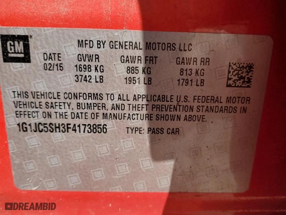 2015 Chevrolet Sonic LT with VIN 1G1JC5SH3F4173856, listed as a Copart auction lot 47852815 with 97,361 mi miles and Salvage Title. Bid and sale history available at carsss.com. Image 14.