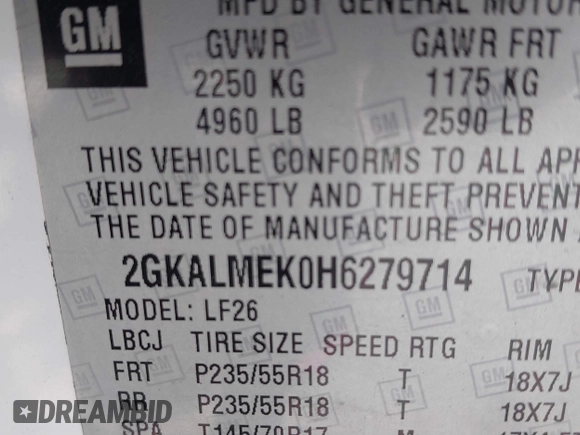 2017 GMC Terrain SLE with VIN 2GKALMEK0H6279714, listed as a IAAI auction lot 39377807 with 90,901 mi miles. Bid and sale history available at carsss.com. Image 9.