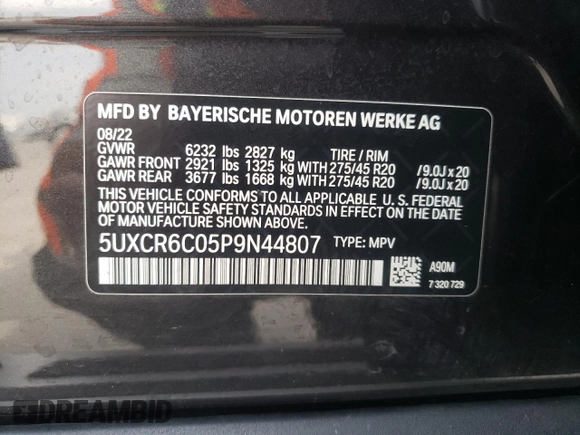 2023 BMW X5 xDrive40i with VIN 5UXCR6C05P9N44807, listed as a Copart auction lot 51568483 with 22,735 mi miles and . Bid and sale history available at DreamBid. Image 13.