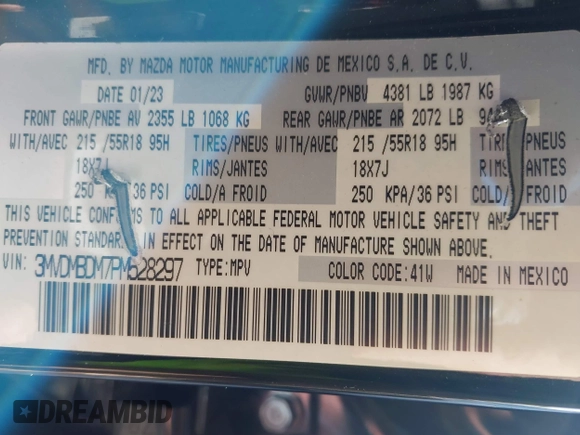 2023 Mazda CX-30 S Premium with VIN 3MVDMBDM7PM528297, listed as a IAAI auction lot 41637542 with 48,935 mi miles and . Bid and sale history available at DreamBid. Image 9.