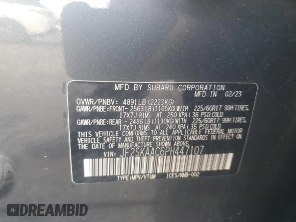 2023 Subaru Forester z VIN JF2SKAAC6PH447107, wystawiony jako Copart lot #64926185 z przebiegiem Nie podano mil oraz Czysty tytuł • Clean title. Historia ofert i sprzedaży dostępna na DreamBid. Obrazek 14.