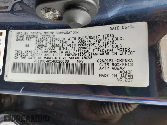2004 Toyota 4Runner SR5 z VIN JTEBU14R548026088, wystawiony jako Copart lot #52849575 z przebiegiem Nie podano mil oraz Szkoda całkowita • Salvage title. Historia ofert i sprzedaży dostępna na DreamBid. Obrazek 14.