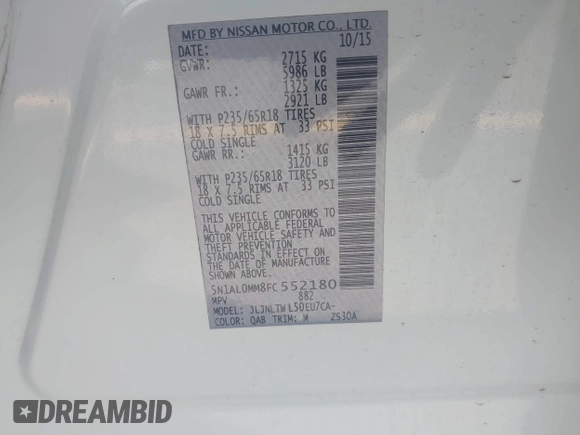 2015 Infiniti QX60 с VIN 5N1AL0MM8FC552180, выставлен на аукционе IAAI как лот 42293095 с пробегом 141 403 миль миль и . История ставок и продаж доступна на DreamBid. Изображение 9.